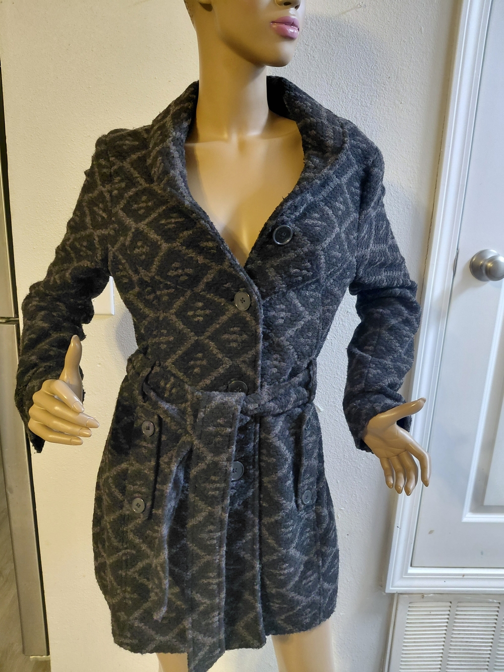 Women's Charcoal Patterned Wrap Coat